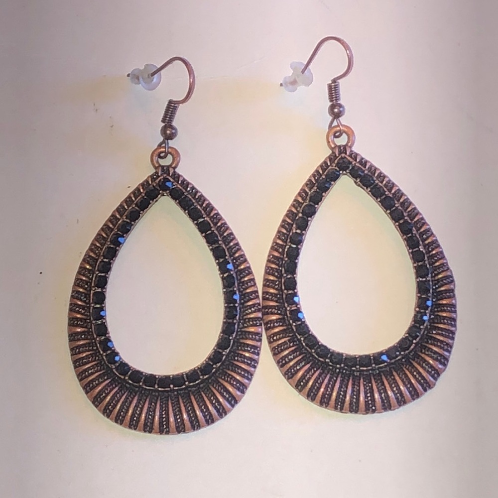 Teardrop Filigree Hoop Earrings in Antique Copper Tone with Black Accents